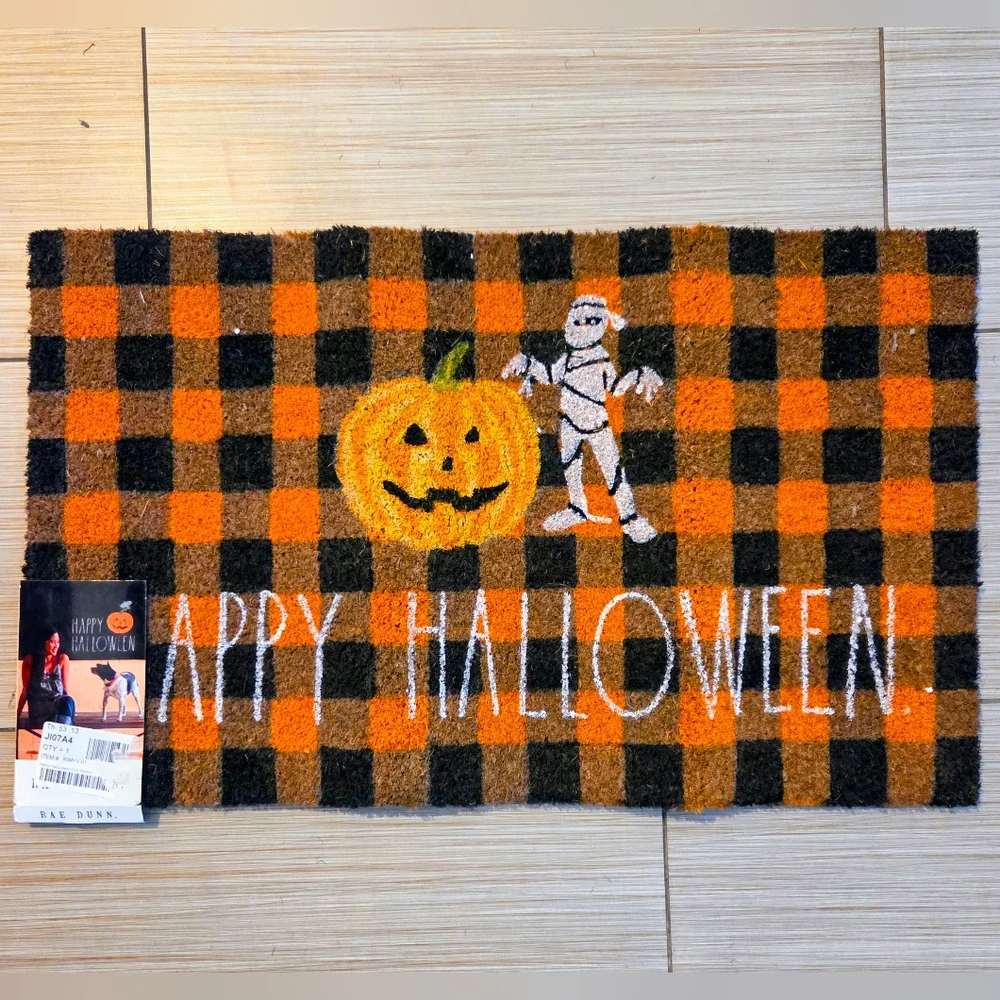 Rae Dunn Halloween Checkered Coir Doormat Orange and Black‎ Mummy Pumpkin